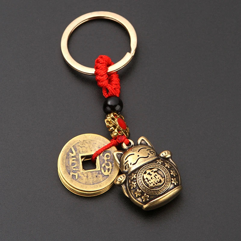 1PC Pure Handmade Brass Lucky Cat Car Keychain Lucky Cat Five Emperors Money Keychain Feng Shui Coins Solid Lucky Key Rings