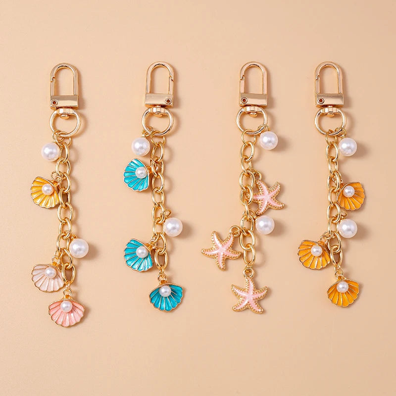 Fashion Summer Beach Shell Pearl Starfish Keychain for Women Men Car Key Handbag Purse Hanging Key Chains DIY Accessories