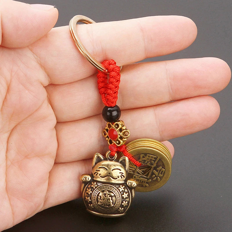 1PC Pure Handmade Brass Lucky Cat Car Keychain Lucky Cat Five Emperors Money Keychain Feng Shui Coins Solid Lucky Key Rings