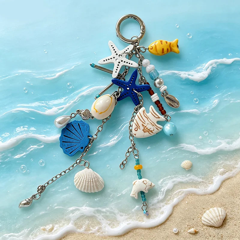 Pretty Summer Beach Conch Heart Key Chain Shell Starfish Key Ring Pendants for Women Girls Handbag DIY Handmade Jewelry Gifts