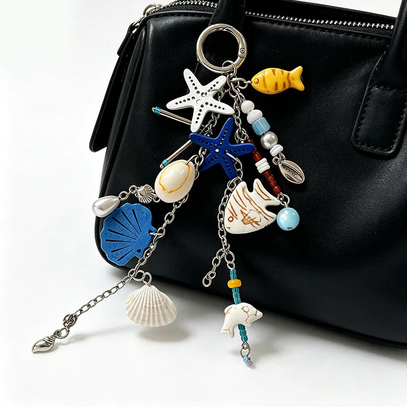 Pretty Summer Beach Conch Heart Key Chain Shell Starfish Key Ring Pendants for Women Girls Handbag DIY Handmade Jewelry Gifts