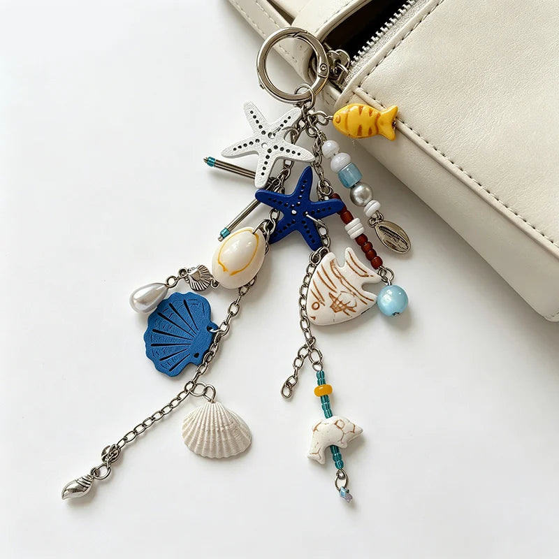 Pretty Summer Beach Conch Heart Key Chain Shell Starfish Key Ring Pendants for Women Girls Handbag DIY Handmade Jewelry Gifts