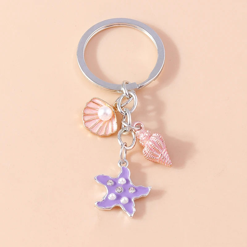 Cute Starfish Shell Keychains Summer Beach Marine Life Keyrings for Women Men Car Key Handbag Pendant Key Chains DIY Accessories