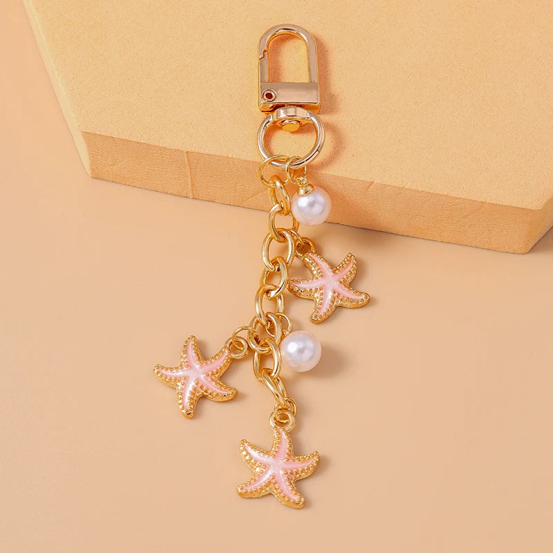 Fashion Summer Beach Shell Pearl Starfish Keychain for Women Men Car Key Handbag Purse Hanging Key Chains DIY Accessories