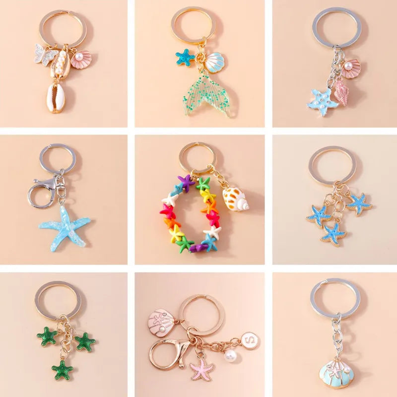 Cute Starfish Shell Keychains Summer Beach Marine Life Keyrings for Women Men Car Key Handbag Pendant Key Chains DIY Accessories