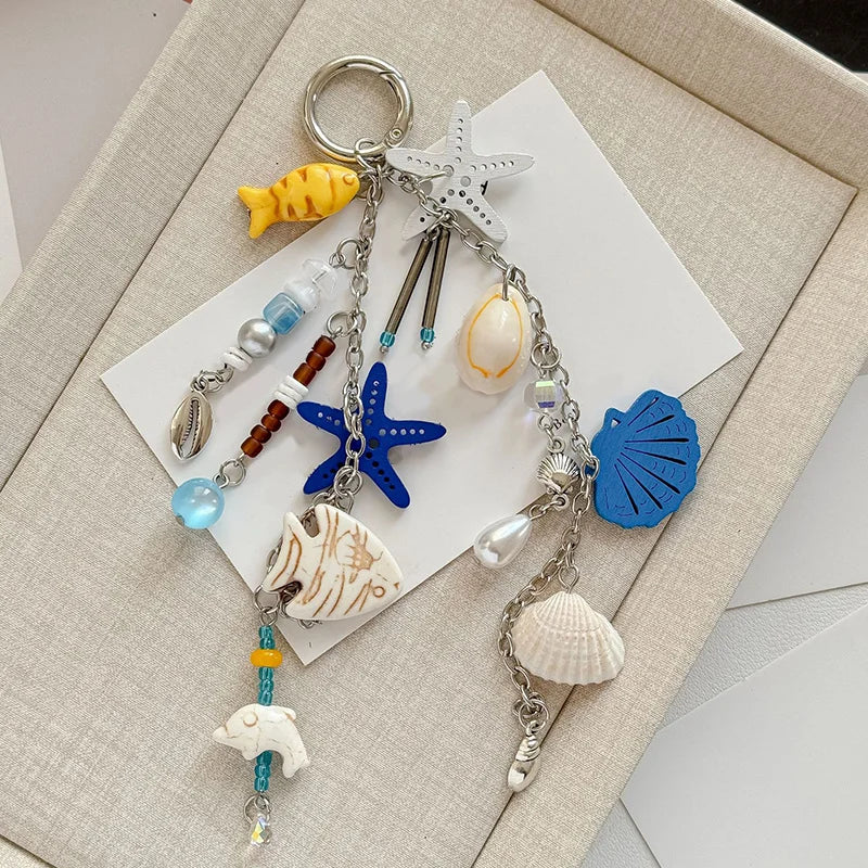 Pretty Summer Beach Conch Heart Key Chain Shell Starfish Key Ring Pendants for Women Girls Handbag DIY Handmade Jewelry Gifts