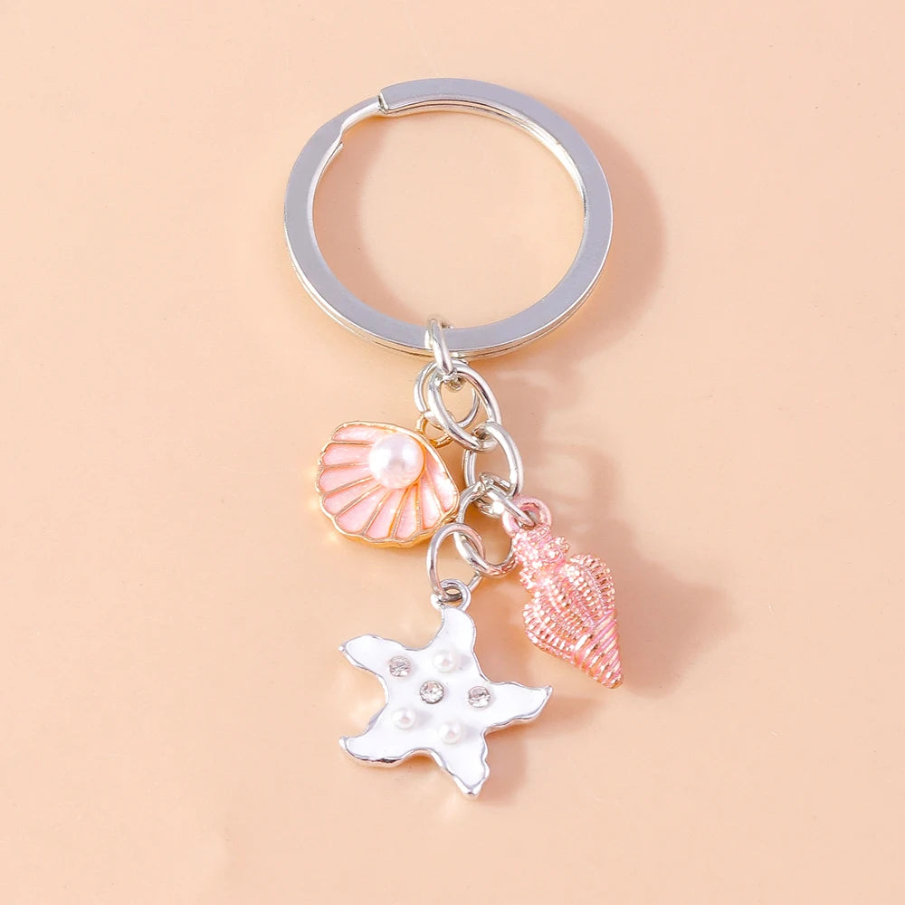 Cute Starfish Shell Keychains Summer Beach Marine Life Keyrings for Women Men Car Key Handbag Pendant Key Chains DIY Accessories