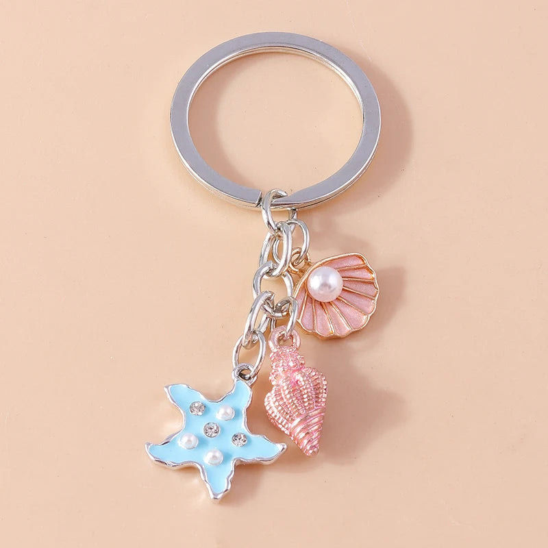 Cute Starfish Shell Keychains Summer Beach Marine Life Keyrings for Women Men Car Key Handbag Pendant Key Chains DIY Accessories