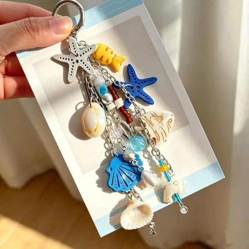 1Pcs Summer Themed Key Chain Scallop Shell Starfish Pendant Handmade Cute Decor for Women Daily Use Bag Car Key Gifts