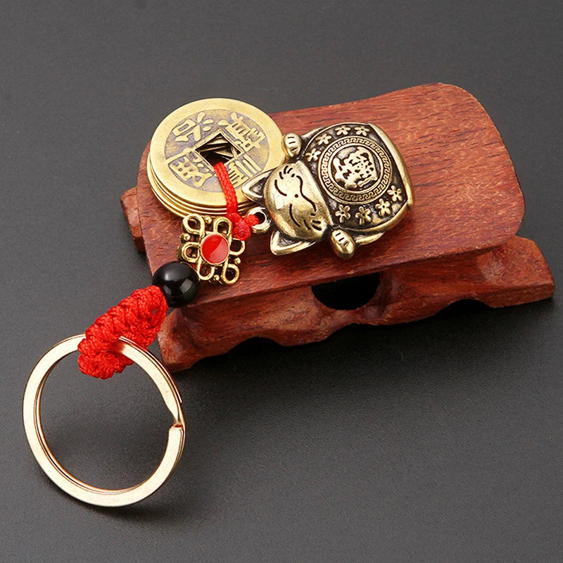 1PC Pure Handmade Brass Lucky Cat Car Keychain Lucky Cat Five Emperors Money Keychain Feng Shui Coins Solid Lucky Key Rings