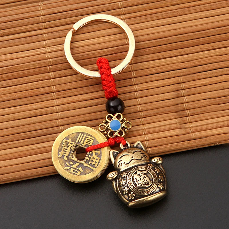 1PC Pure Handmade Brass Lucky Cat Car Keychain Lucky Cat Five Emperors Money Keychain Feng Shui Coins Solid Lucky Key Rings