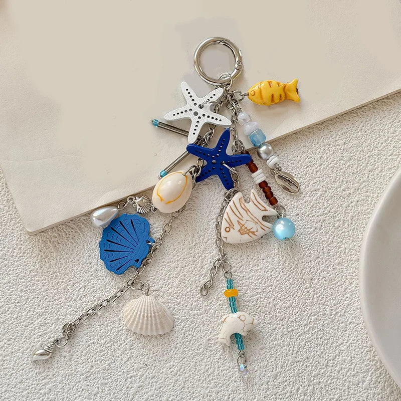 Pretty Summer Beach Conch Heart Key Chain Shell Starfish Key Ring Pendants for Women Girls Handbag DIY Handmade Jewelry Gifts
