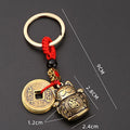 1PC Pure Handmade Brass Lucky Cat Car Keychain Lucky Cat Five Emperors Money Keychain Feng Shui Coins Solid Lucky Key Rings