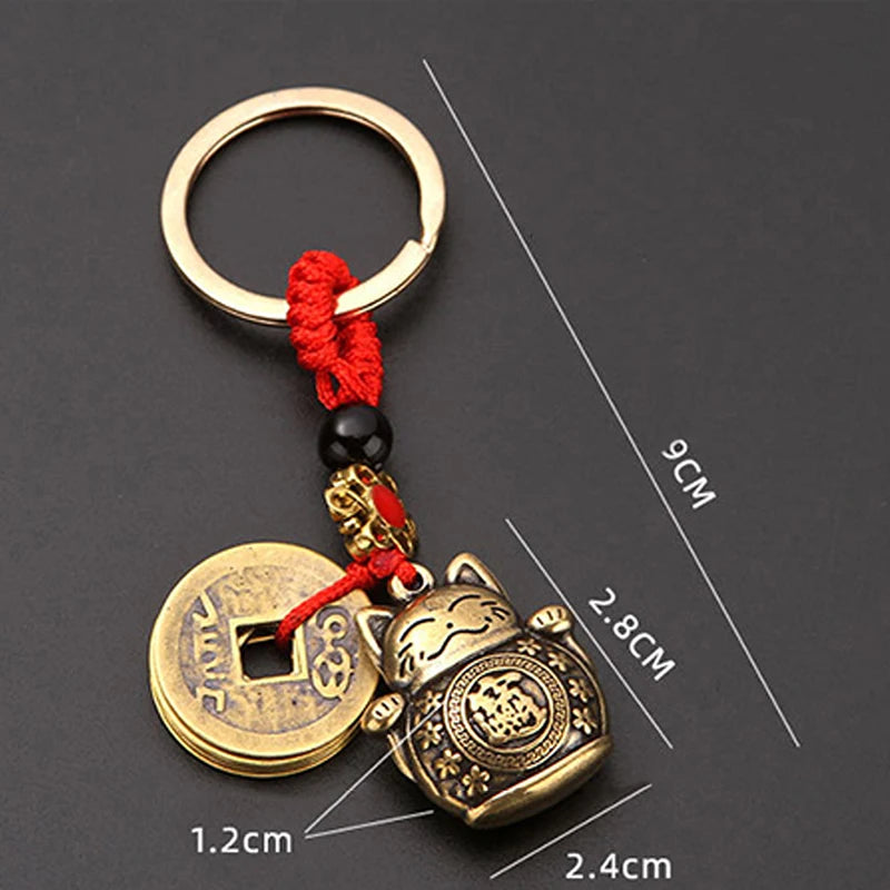 1PC Pure Handmade Brass Lucky Cat Car Keychain Lucky Cat Five Emperors Money Keychain Feng Shui Coins Solid Lucky Key Rings